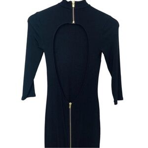 Express Black Rib Knit Dress S Bodycon Cut Out Exposed Zipper Mock Neck Stretch